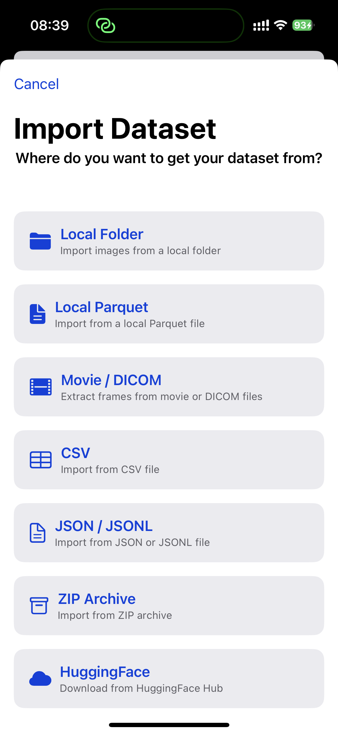 Dataset import source selection screen