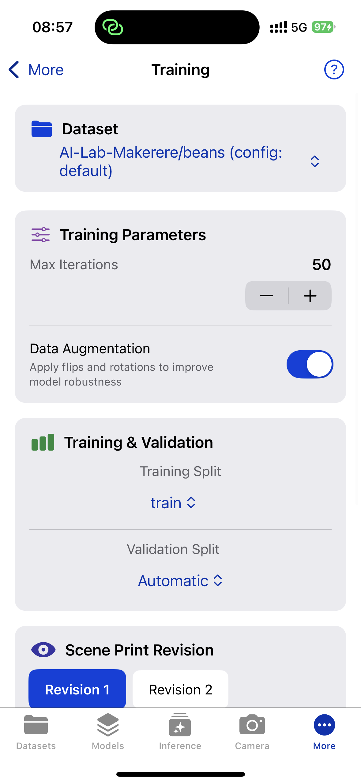 Training configuration parameters and progress